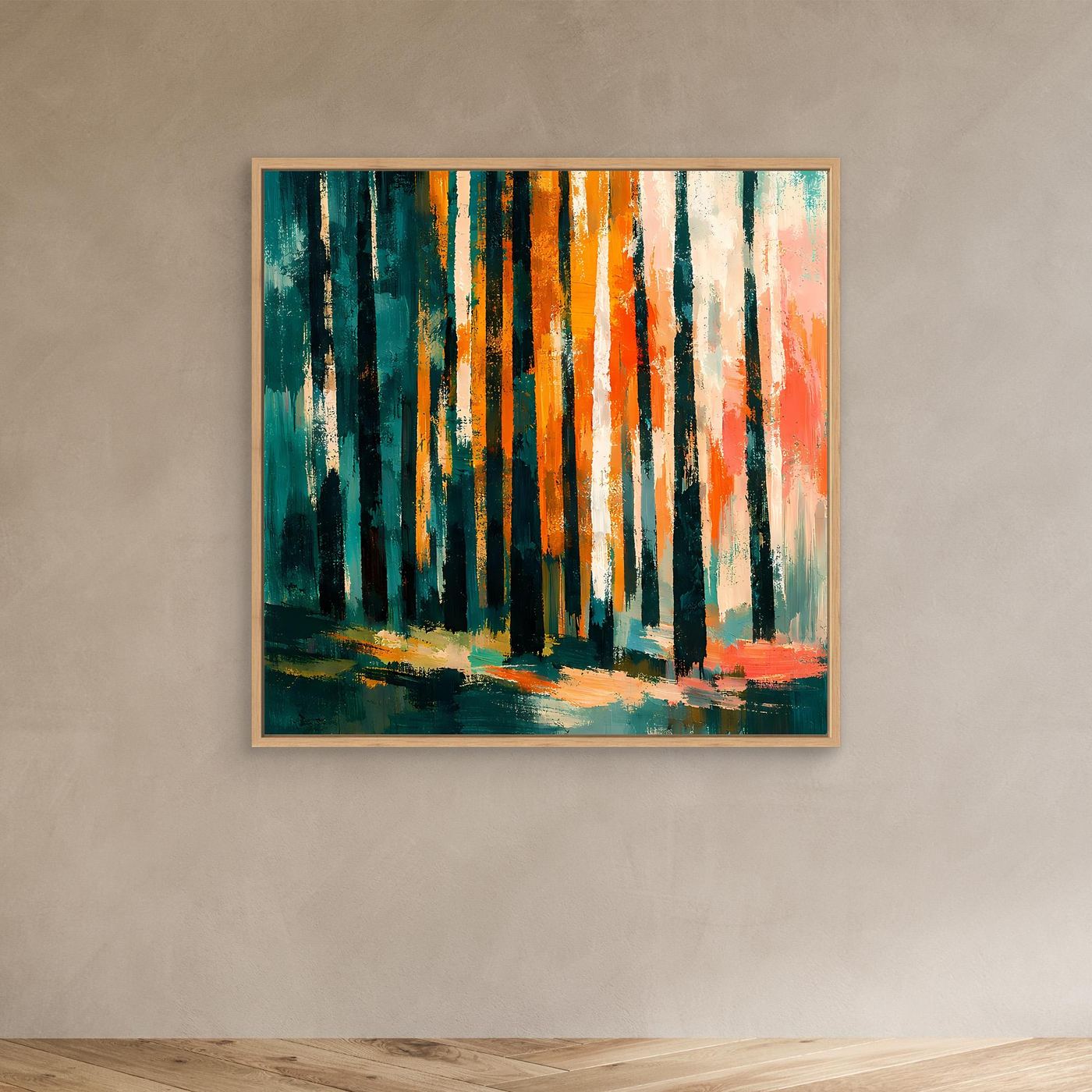Abstraktes Birkenwald-Wandbild mit goldbraunem Rahmen, bunte Baumstämme, Herbstfarben