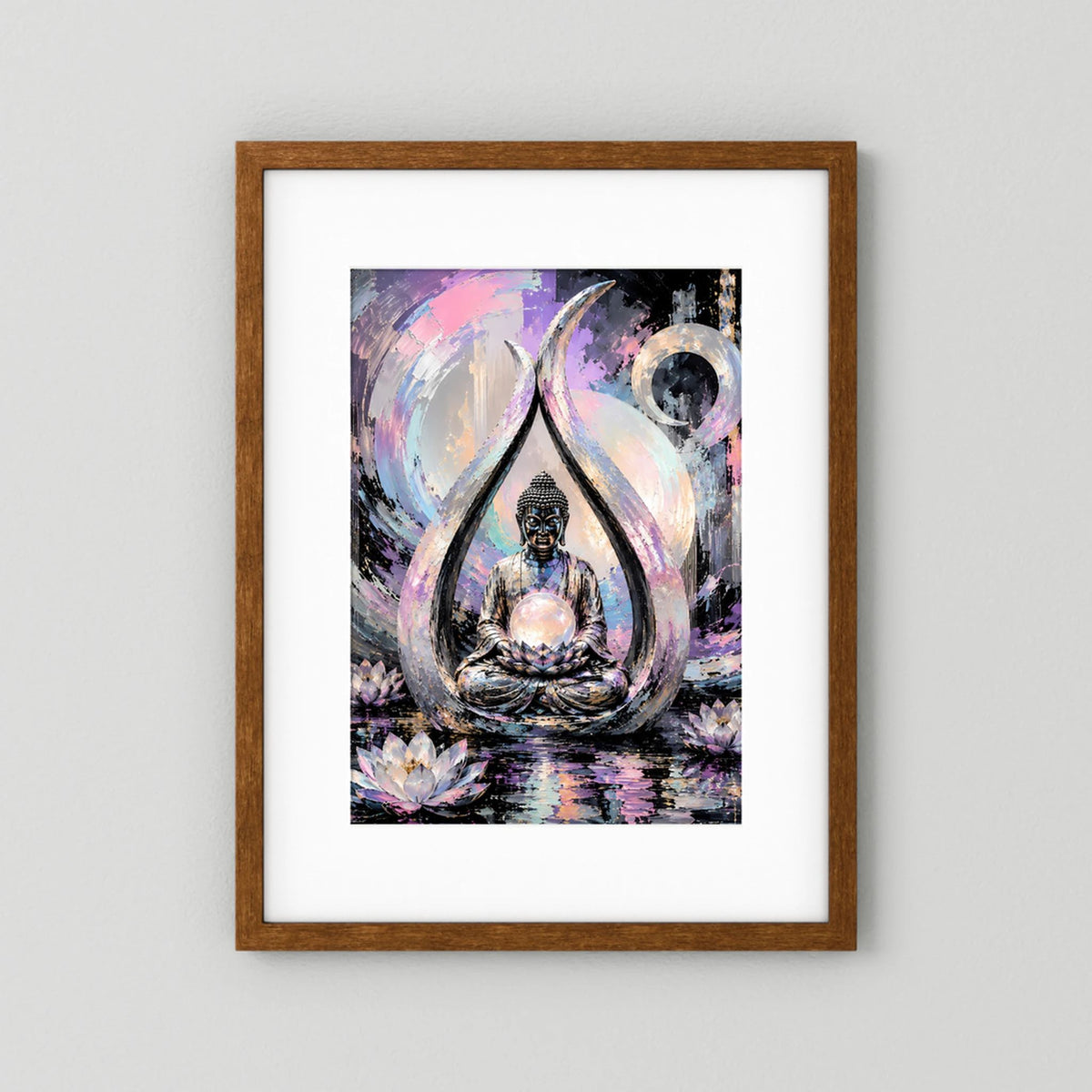 Gerahmtes Kunstposter im Hochformat mit weißem Passepartout: Buddha im Lotus im Kreis, Pastellfarben