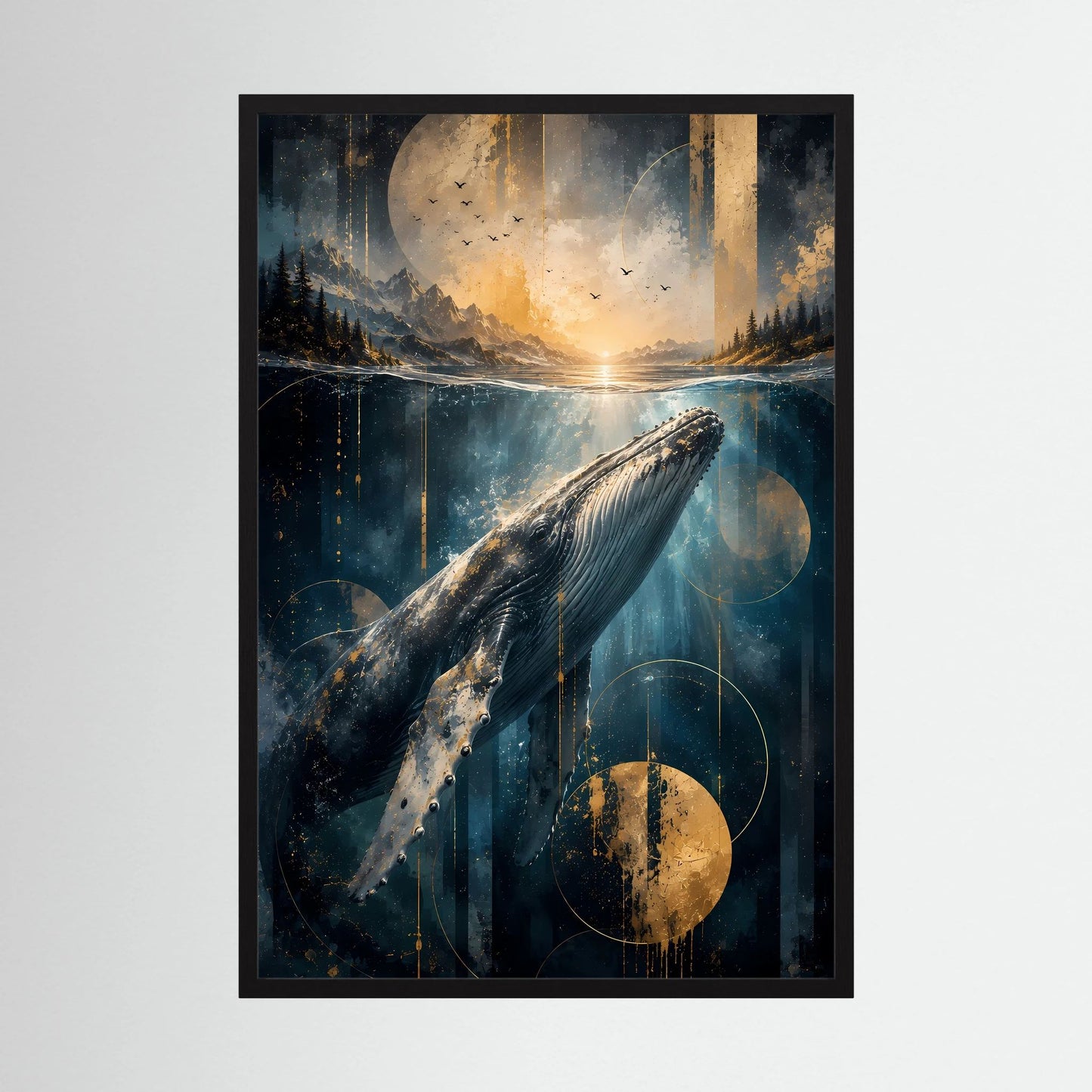 Poster im Hochformat mit Wal unter Wasser, Ozeanlandschaft in Blau und Gold, schwarzer Rahmen