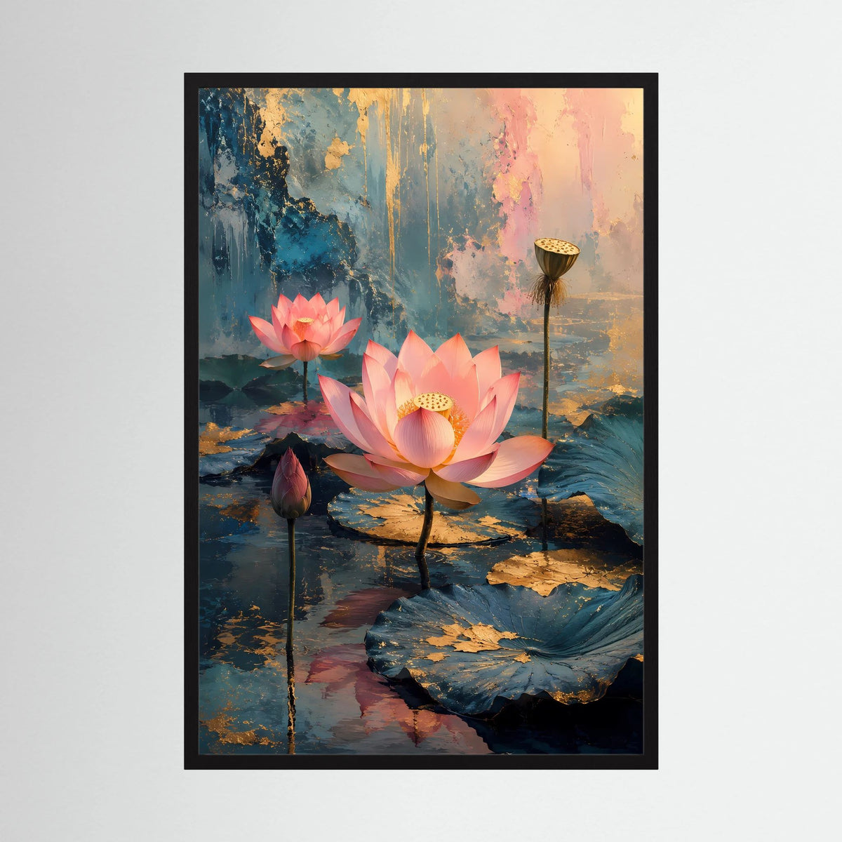 Gerahmtes Poster mit rosa Lotusblüten in Gold, abstrakte Wasserlandschaft