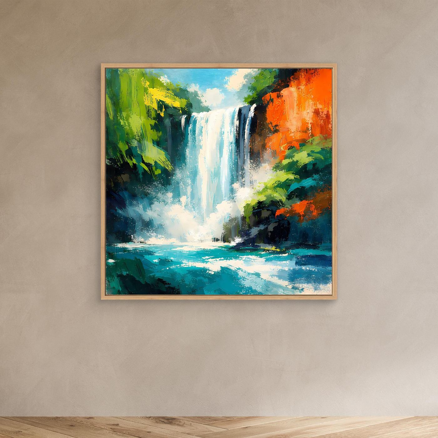 Leinwand-Wandbild mit Wasserfall im Dschungelstil, türkisblaues Wasser und grüne Büsche