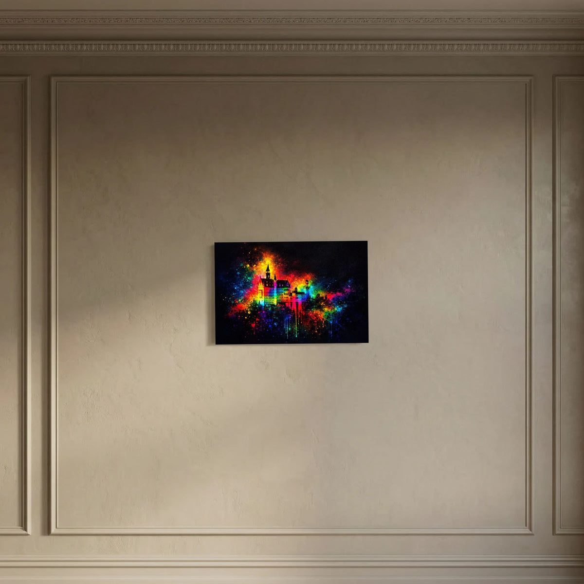 Wandposter im Querformat mit buntem Märchenschloss in Farbexplosion, schwarz gerahmt