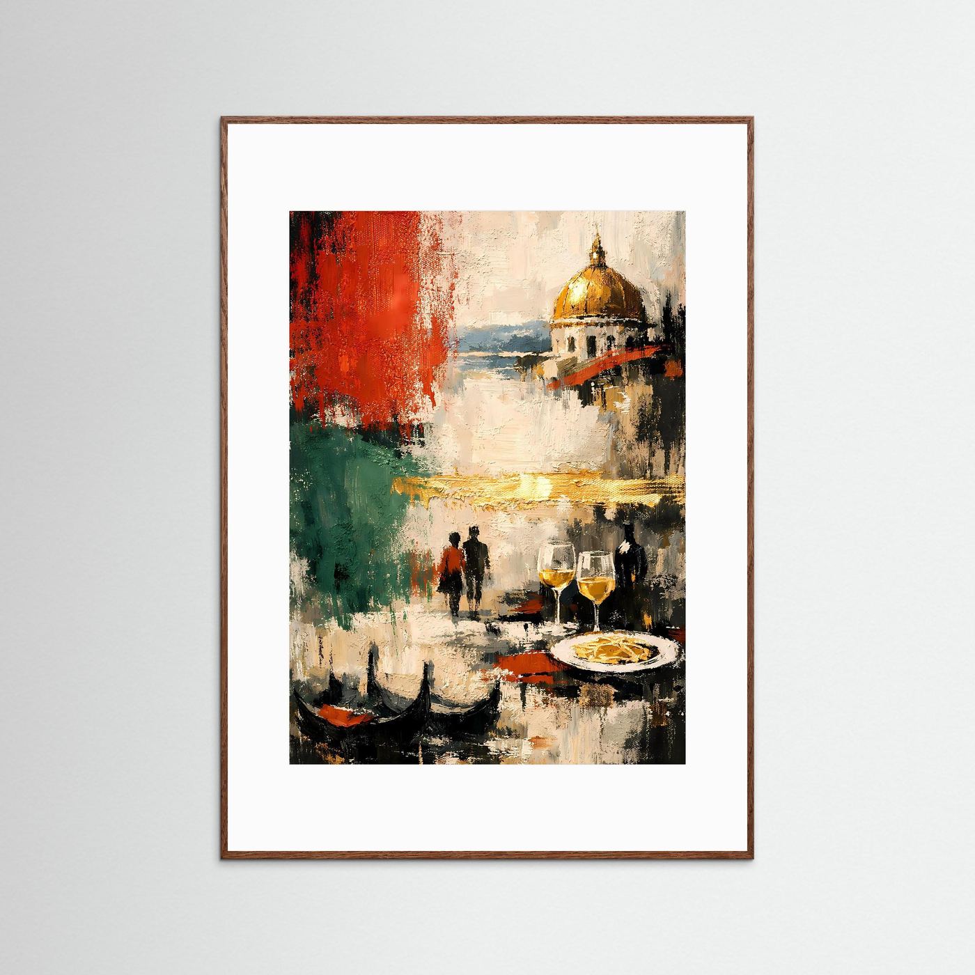 Abstraktes Kunstposter im Hochformat mit rotem Balken und goldener Kuppel, braun gerahmt