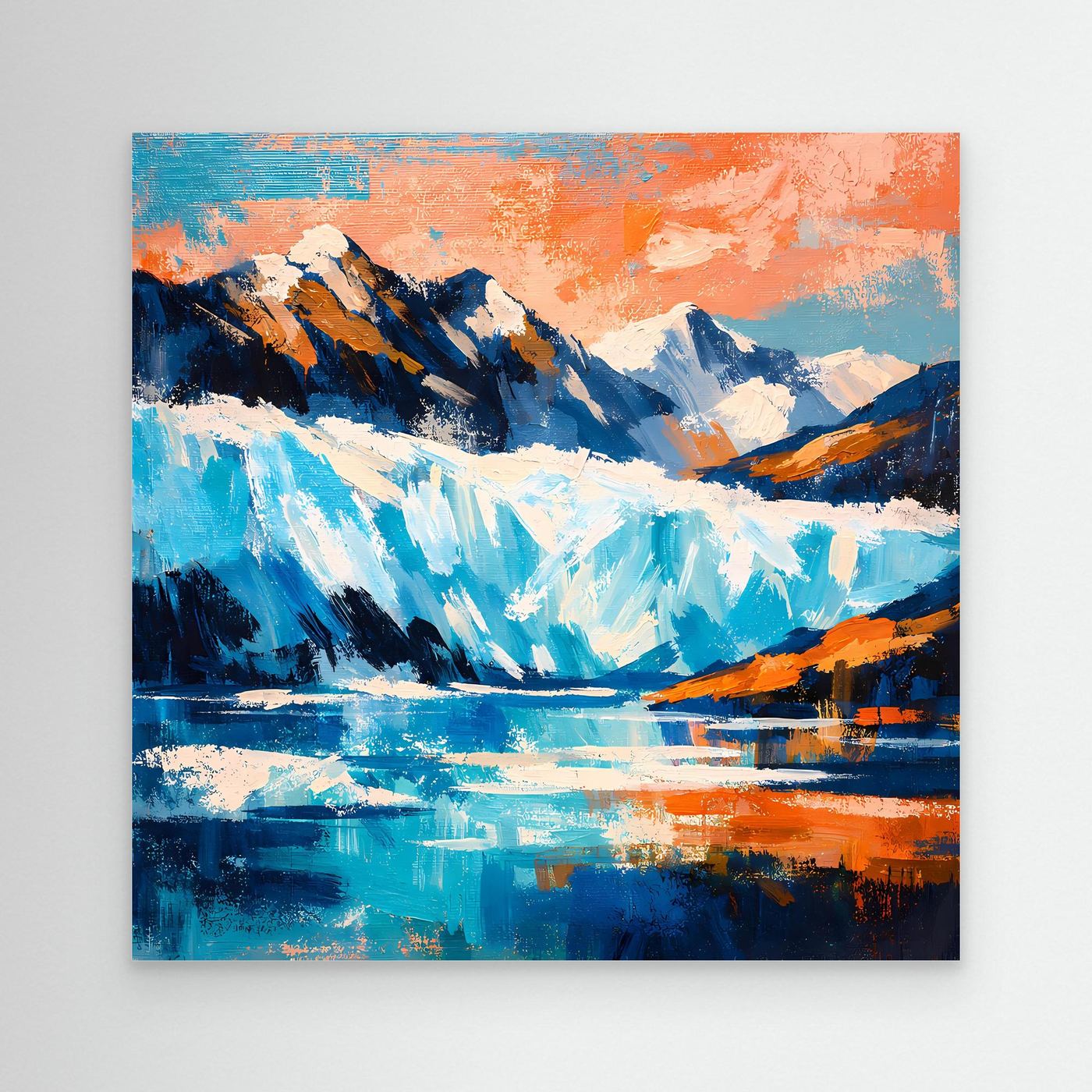 Wandbild mit abstrakter Arktislandschaft: Berge, Gletscher und Eis im Blau-Orange-Mix.