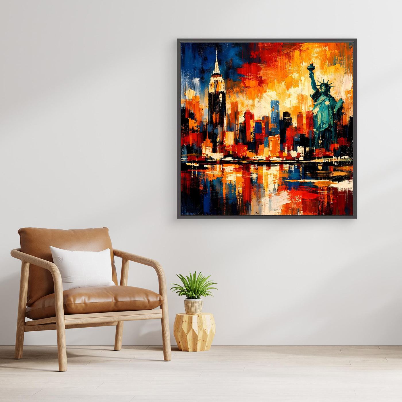 Abstraktes Leinwandbild New-York-Skyline: Freiheitsstatue, mit Holzrahmen, quadratisch