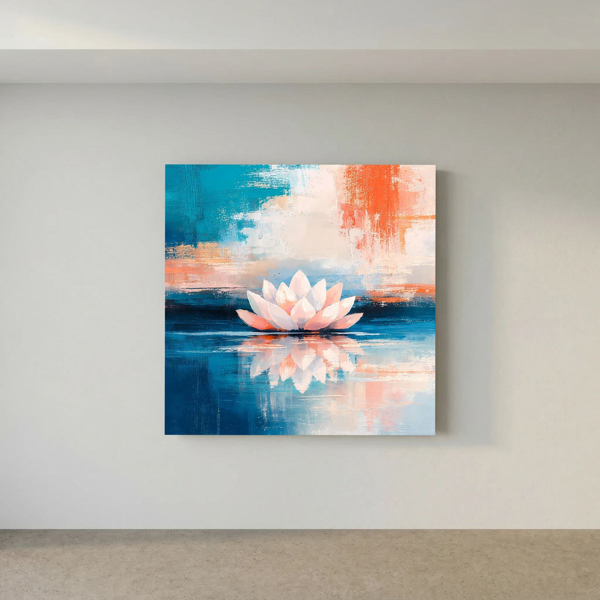 Leinwandbild mit Lotusblüte im abstrakten Wasserbild, blau-orange Farbverlauf.