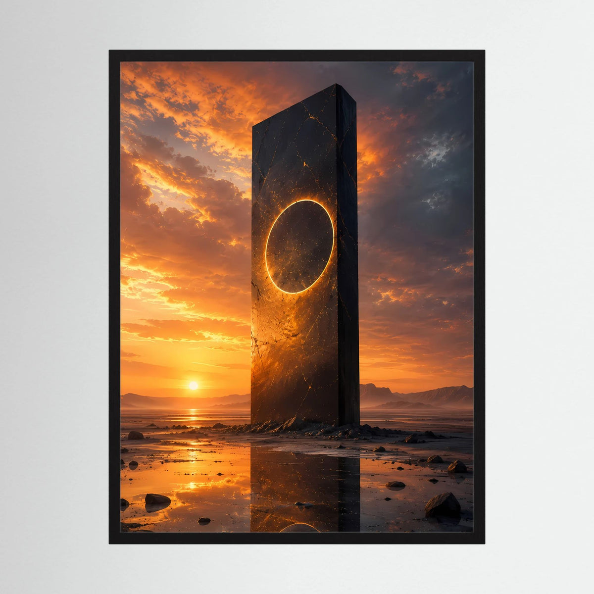 Hochformat-Poster mit schwarzem Rahmen: schwarzer Monolith mit goldenem Kreis bei Sonnenuntergang.