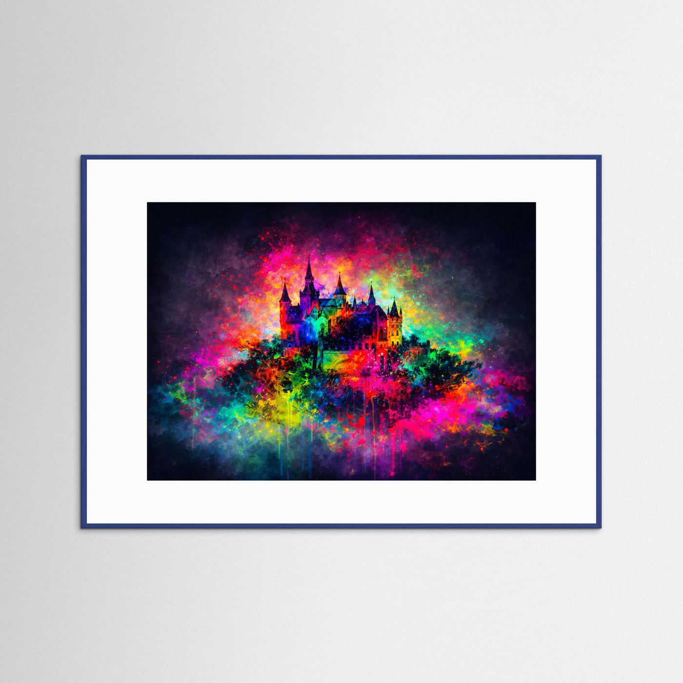 Buntes Märchenschloss im Farbexplosion-Stil | Abstrakte Kunst Poster Querformat