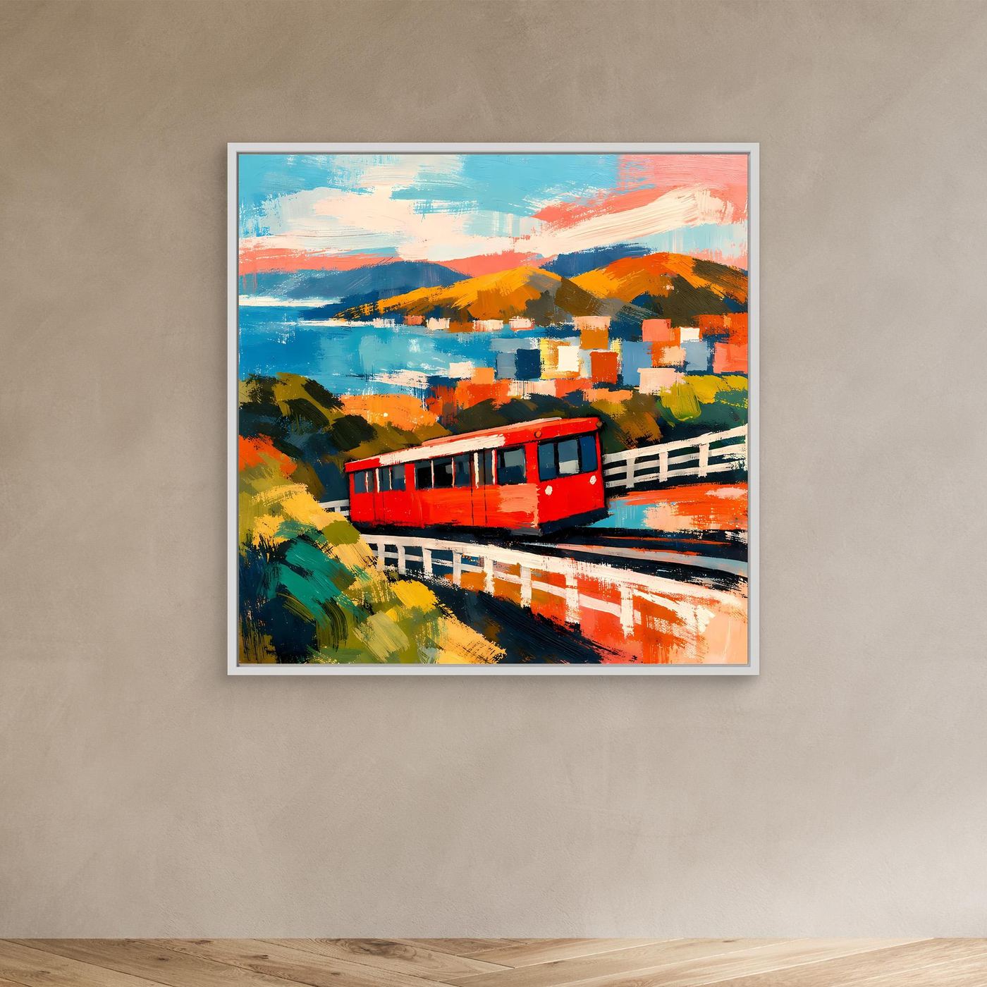Leinwand-Wandbild: rote Seilbahn im weißen Rahmen, abstrakte Stadt- und Meerlandschaft