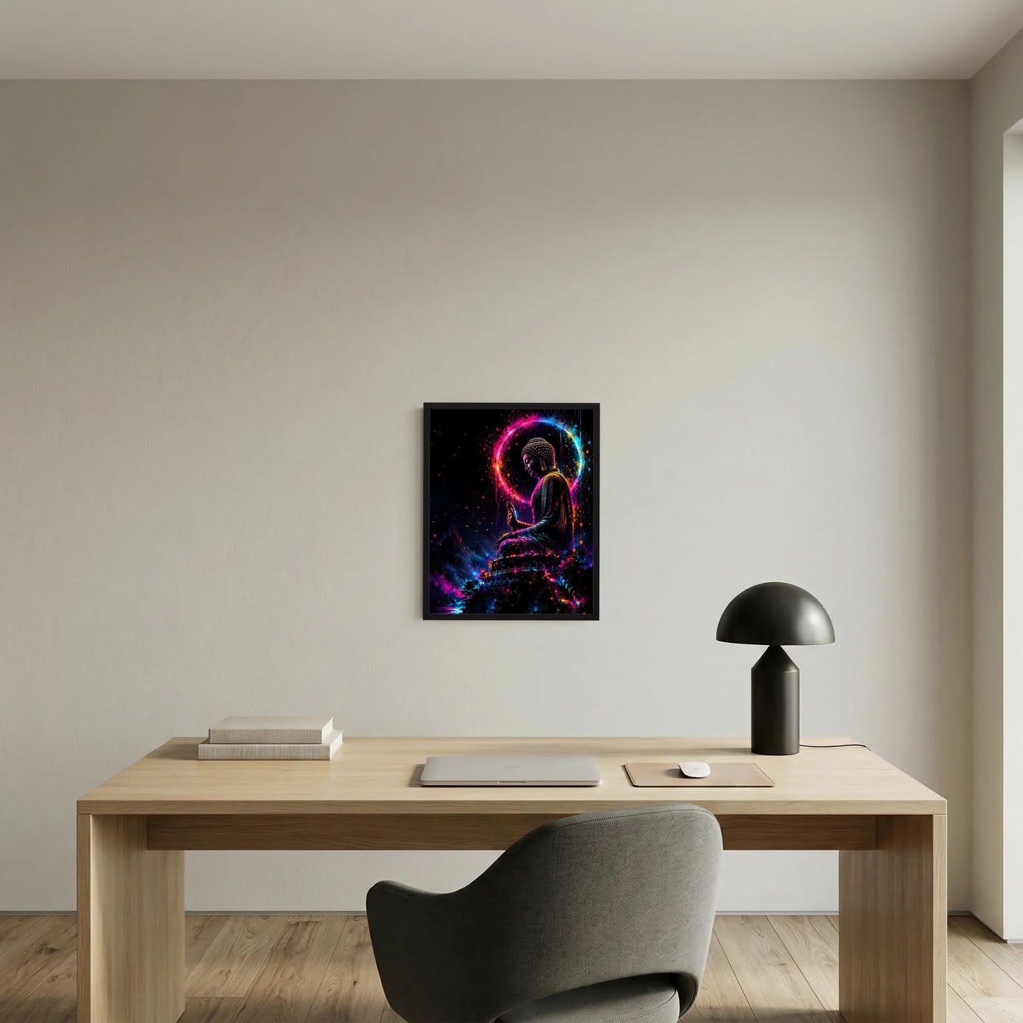 Gerahmtes Kunstposter mit Buddha im Neonkreis, leuchtende Farben Pink, Blau und Orange