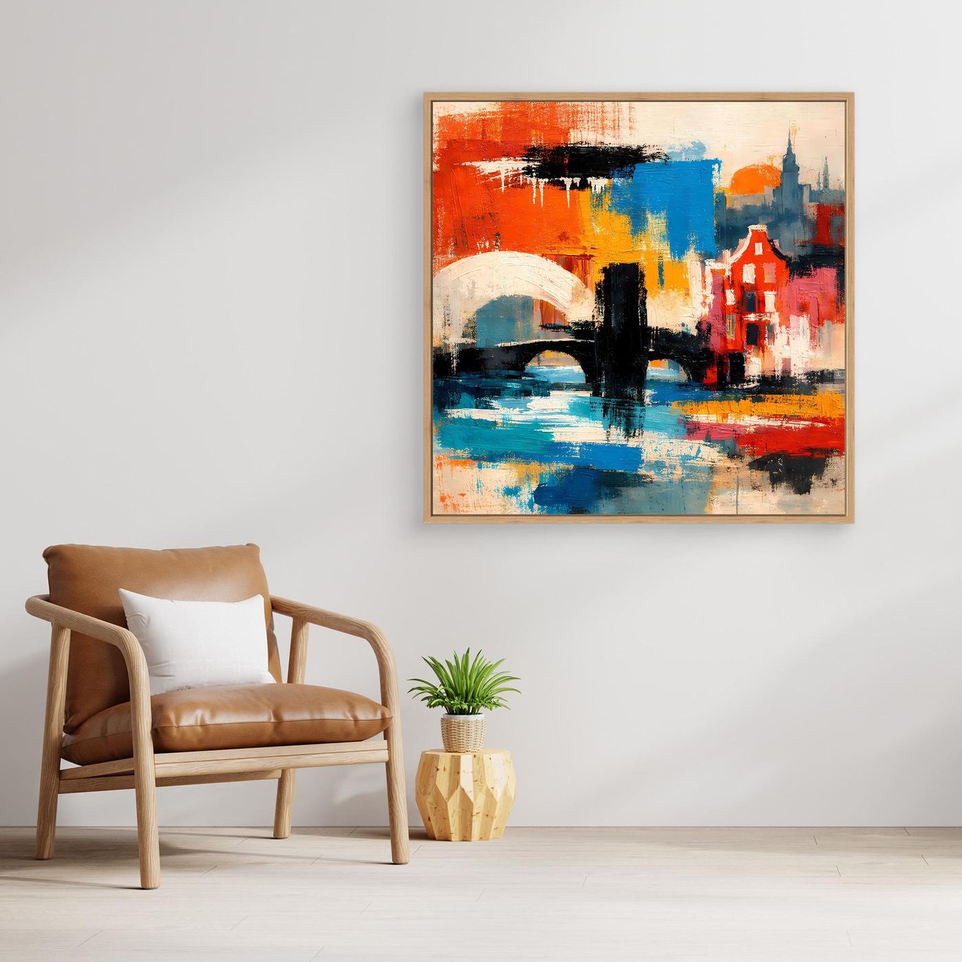 Abstraktes Leinwand-Wandbild mit roten und blauen Stadtmotiven, holzfarbener Rahmen