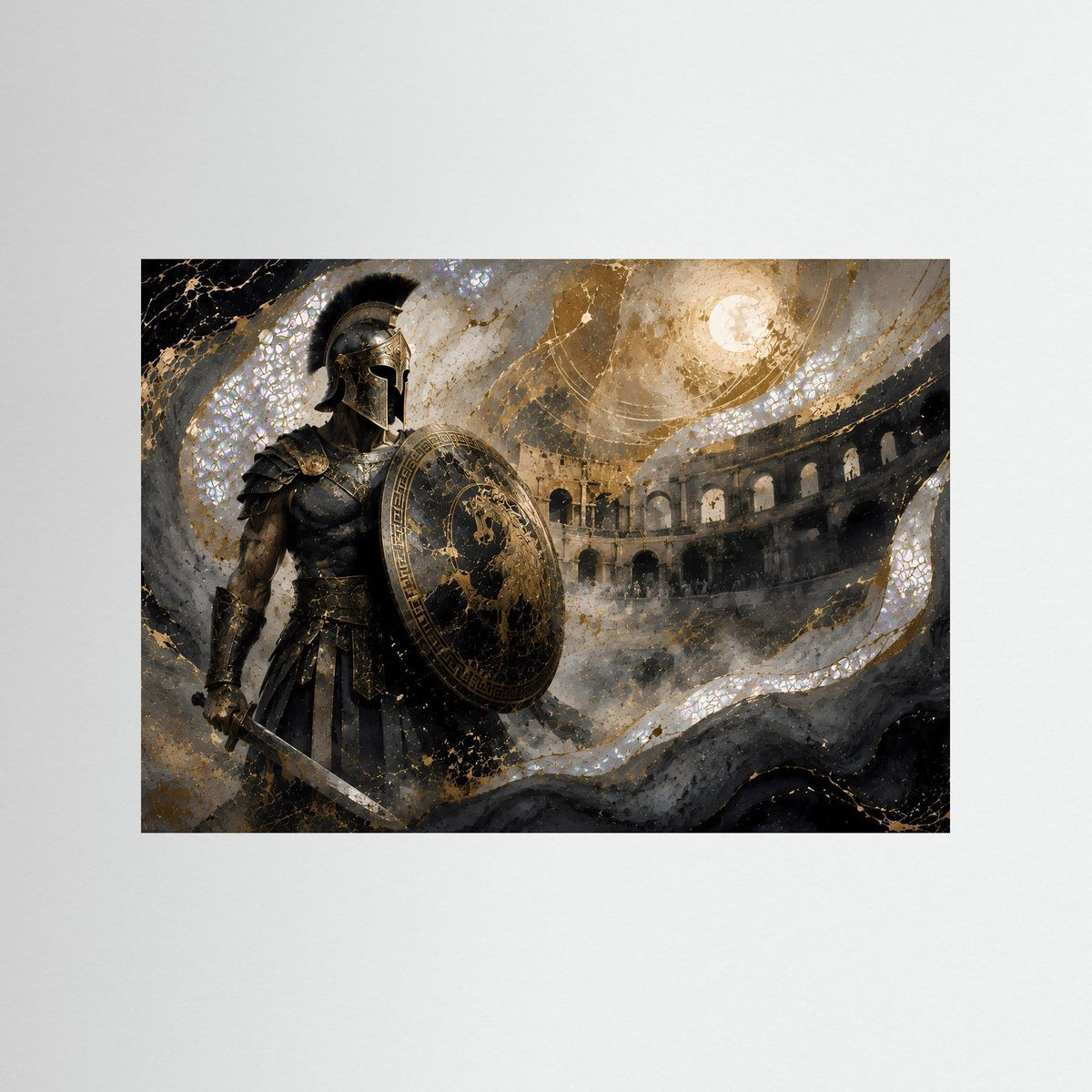 Poster: römischer Gladiator im dunklen Rüstzeug mit Rundschild, Querformat