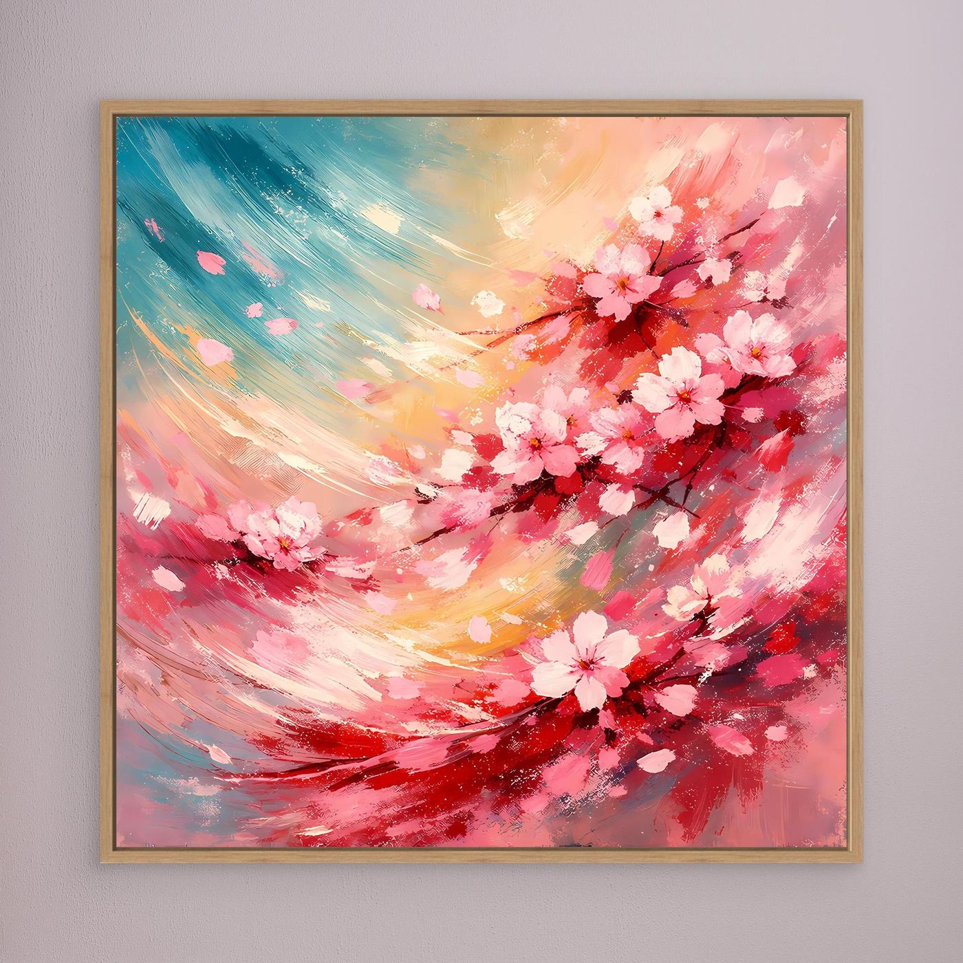 Leinwandbild mit abstrakten Kirschblüten in Pink, Gelb und Blau, braun gerahmt