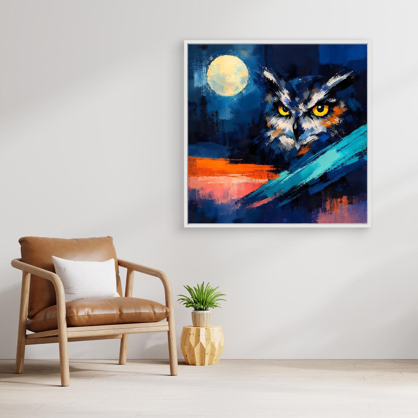 Premium Leinwand Mystische Eule bei Vollmond | Abstraktes Kunst Poster Modernes Nacht Wandbild