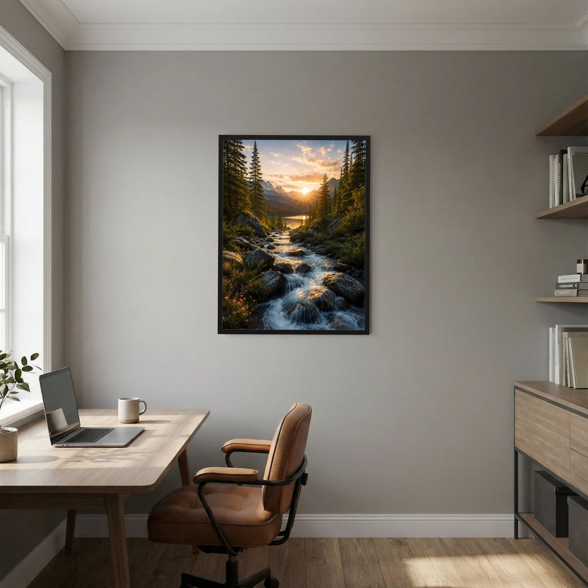 Wandposter im Hochformat mit Waldtal, Bach und See bei Sonnenuntergang, schwarzer Rahmen