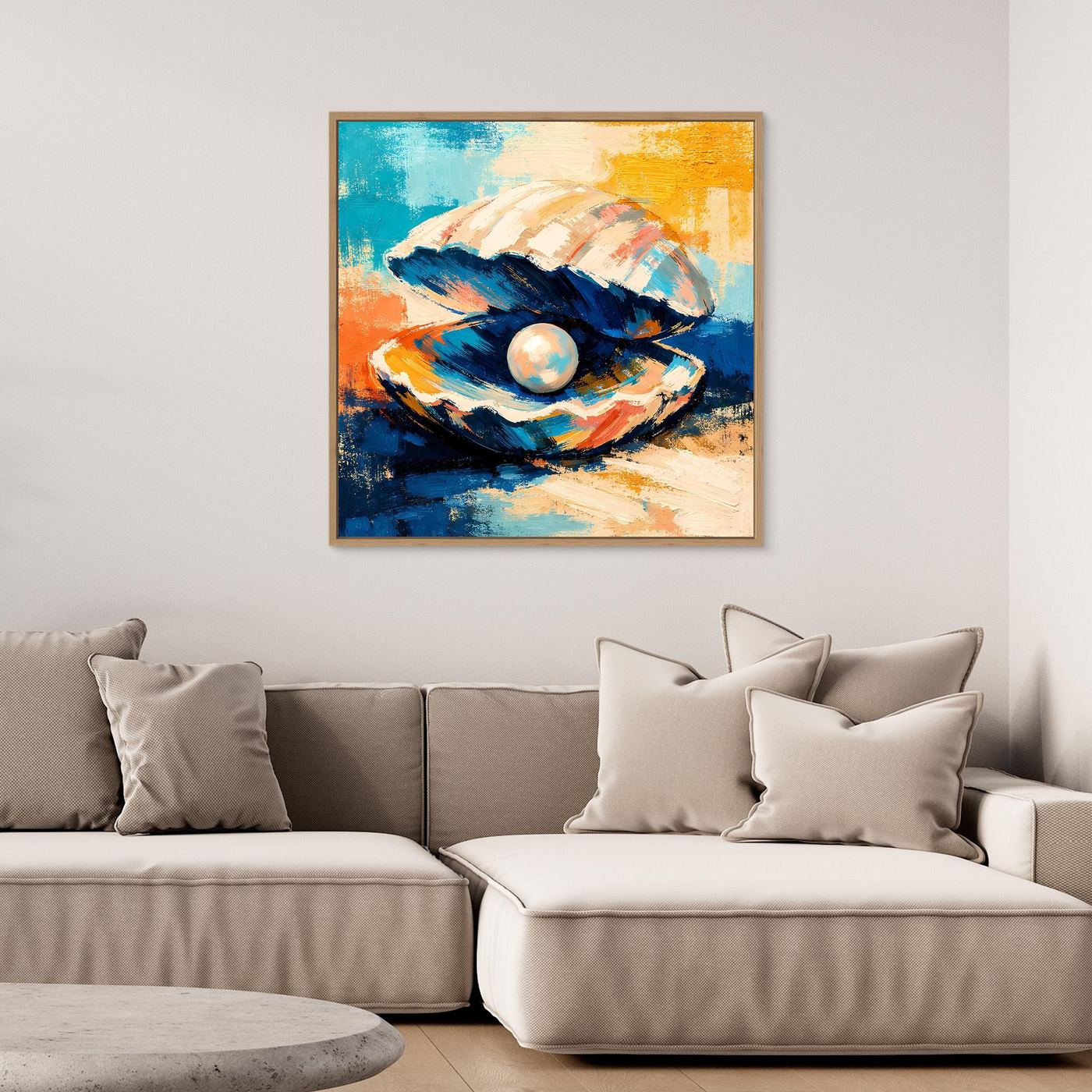 Framed wall art of abstract seashell with pearl, textured blue, orange, and white highlights