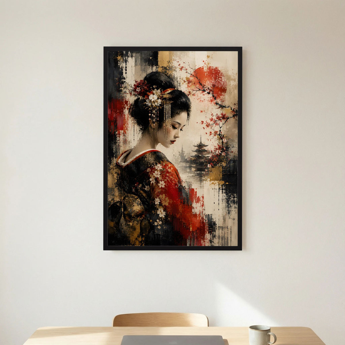 Kunstposter im Hochformat: Geisha-Porträt mit roten Spritzern, Kirschblüten und Pagode, schwarz gerahmt.