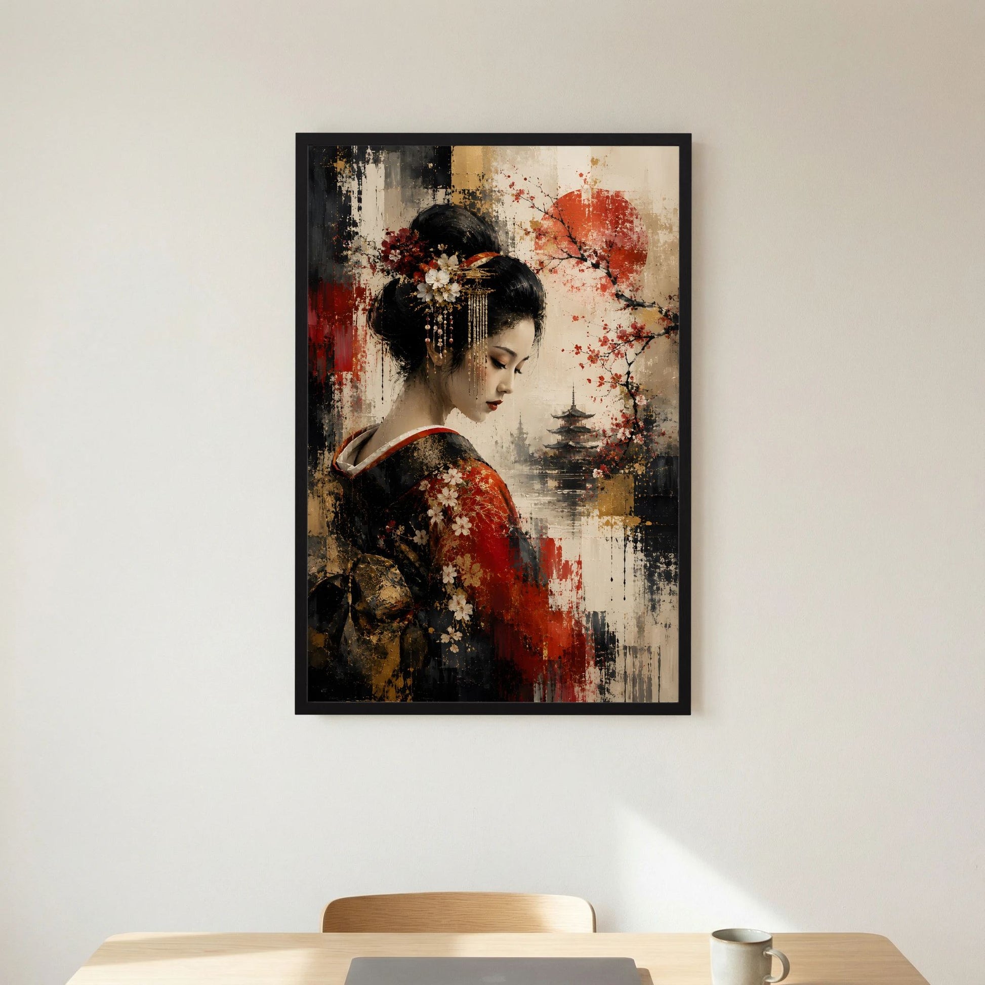 Kunstposter im Hochformat: Geisha-Porträt mit roten Spritzern, Kirschblüten und Pagode, schwarz gerahmt.