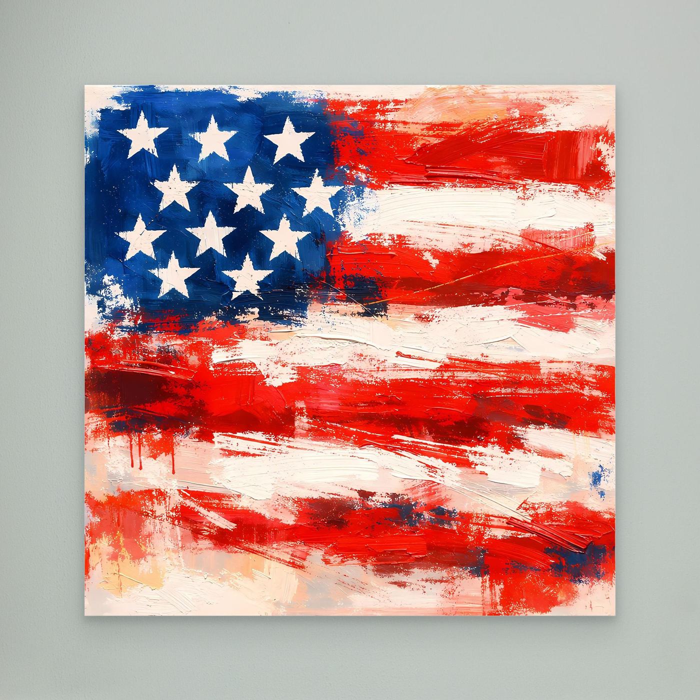 Abstract USA flag wall art, blue star field and red-white brush strokes on canvas