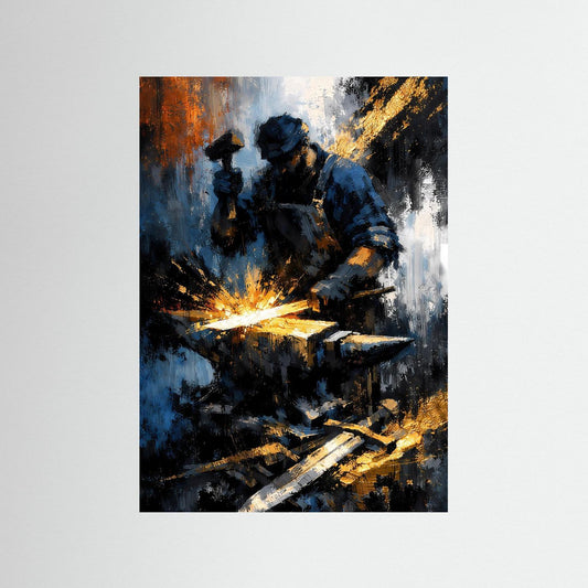 Unrahmtes Hochformat-Kunstposter: Schmied mit Funken, blau-gold, dunkel abstrakt