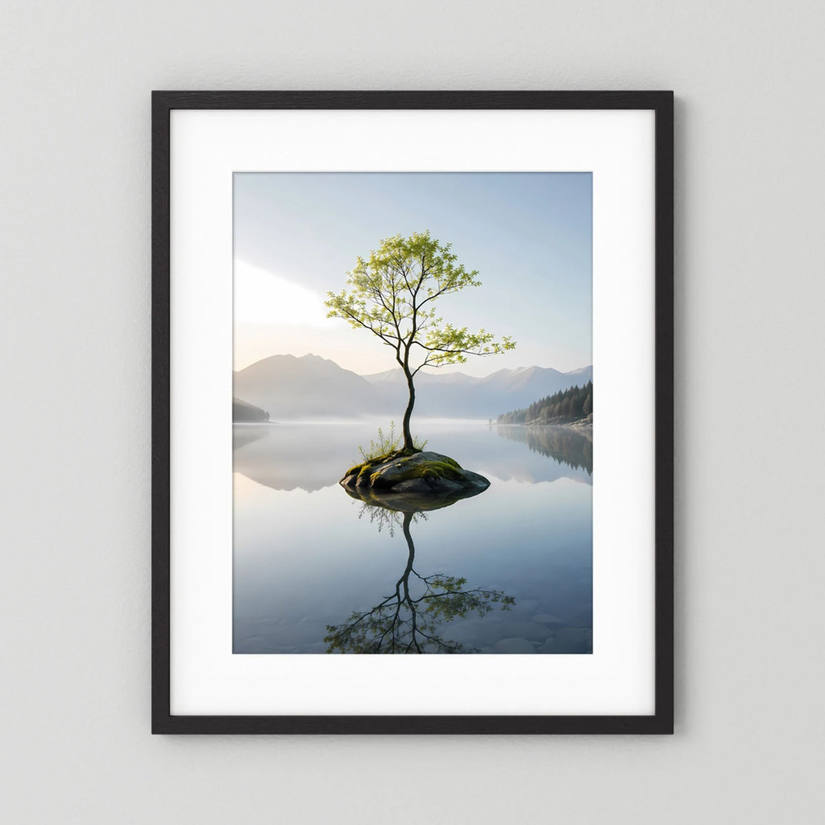 Hochformat-Poster mit dunklem Rahmen und weißem Rand: Baum auf Felsen, Spiegelung im See