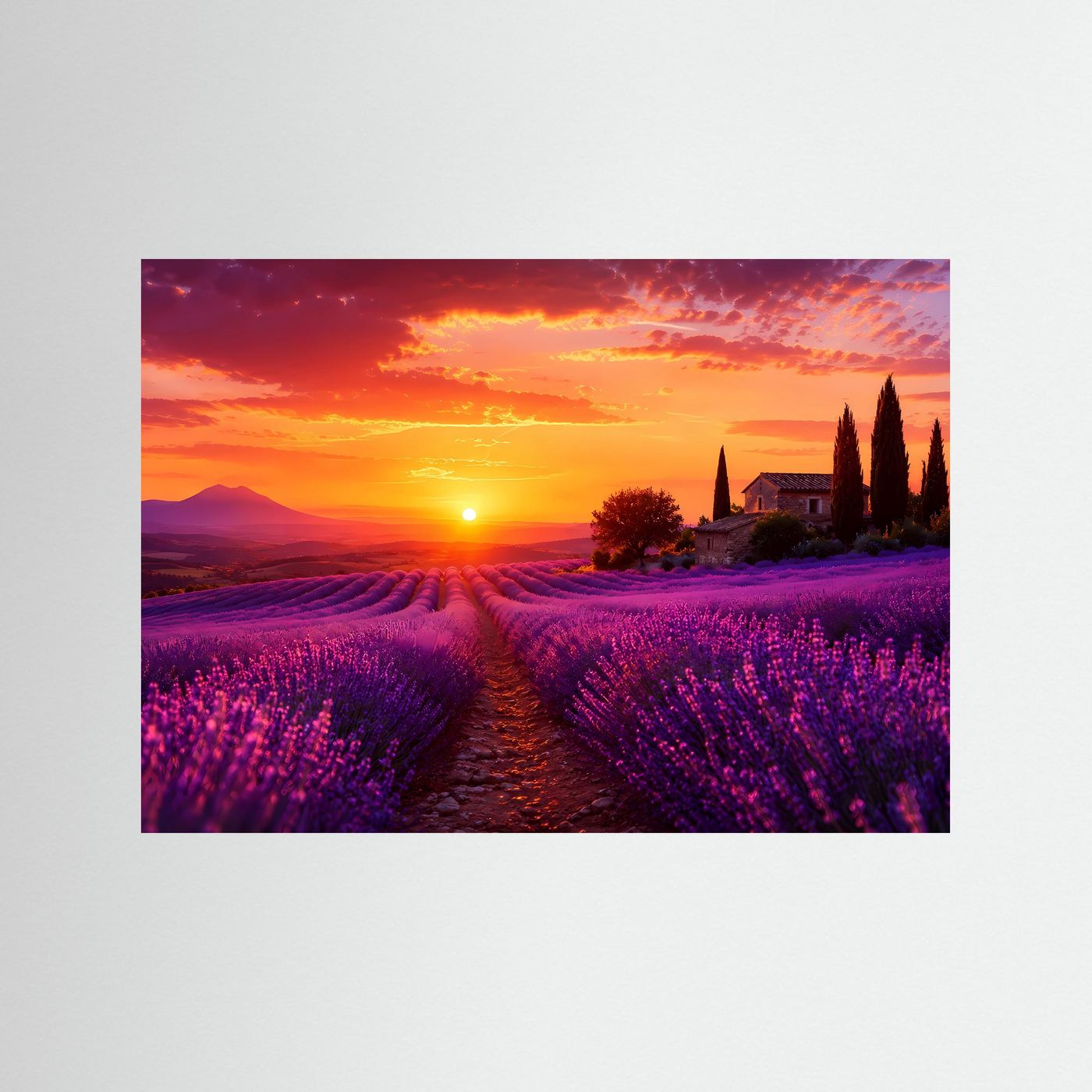 Lavendelfeld bei Sonnenuntergang Poster Querformat | Provence Landschaft in Lila & Orange | Mediterranes Natur Wandbild mit Lavendel