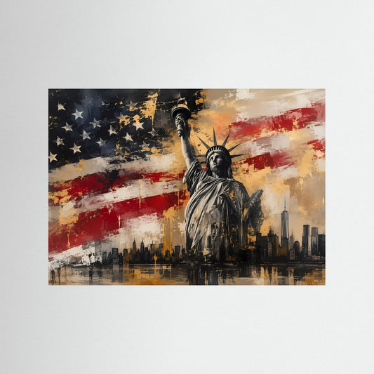 Abstraktes USA-Poster mit Freiheitsstatue und New-York-Skyline, US-Flaggenmotiv, Querformat
