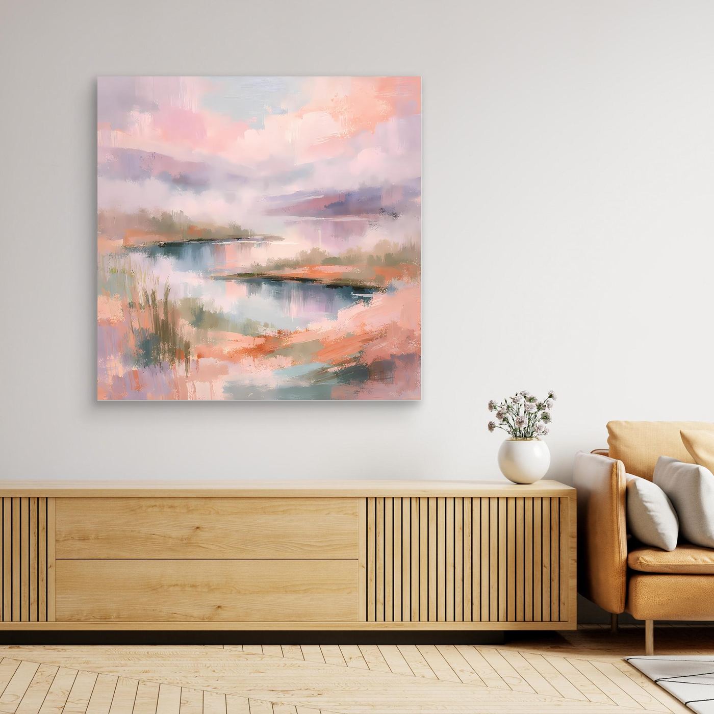 Abstraktes Pastell-Leinwandbild mit Seenlandschaft, rechteckig, ohne sichtbaren Rahmen