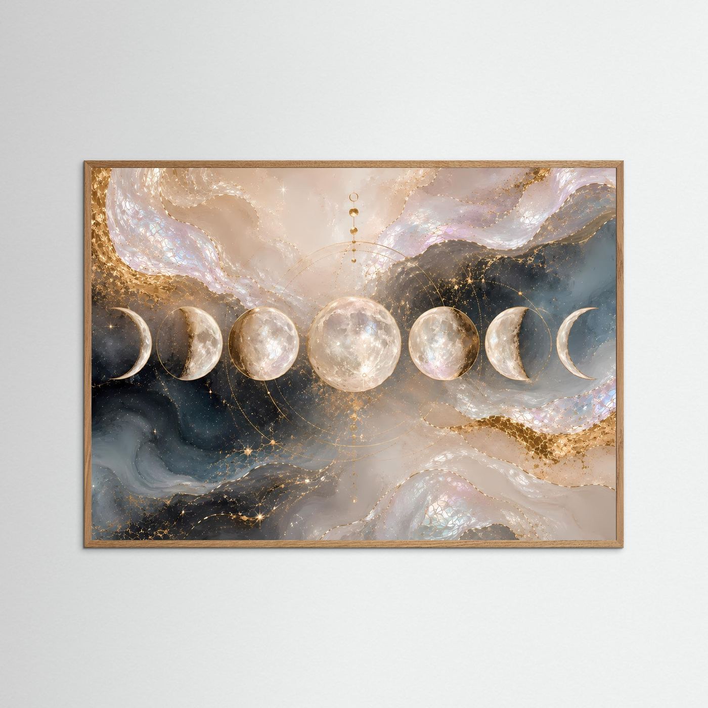 Abstraktes Mondphasen-Poster im naturfarbenen Holzrahmen, Perlmutt-Gold, Mondsilhouetten