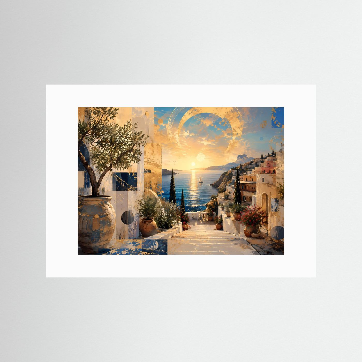 Mediterrane Küste mit Olivenbaum | Abstrakte Wandkunst in Gold & Blau