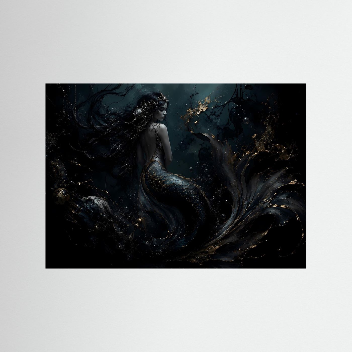 Meerjungfrau Poster | Mystische Unterwasser Kunst | Dunkle Fantasy Wanddeko | Gold Schwarz Leinwandbild | Elegante Meereskunst
