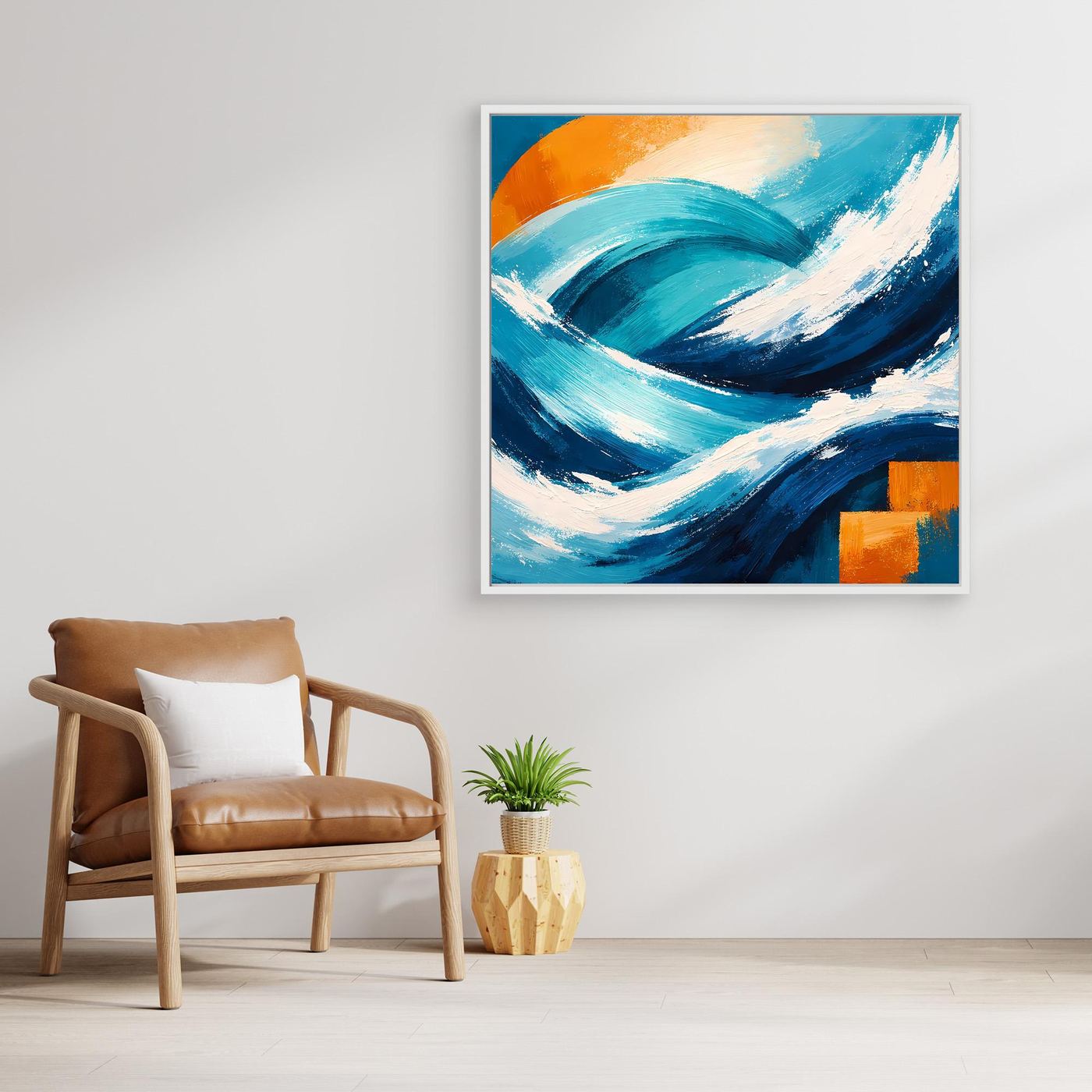 Leinwandbild mit abstrakten Wellen in Blau und Türkis, orange Akzenten, gold gerahmt.