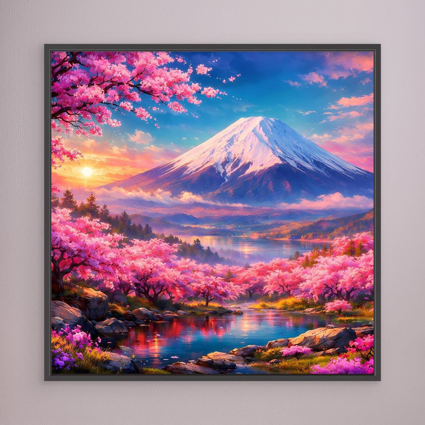 Leinwandbild Magischer Fuji & Kirschblüte | Japanisches Frühlingserwachen Wandbild auf echtem Holzkeilrahmen