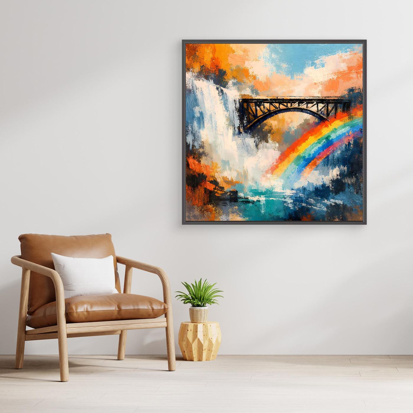 Wandbild mit Wasserfall, Brücke und Regenbogen, rechteckig, dunkelgrauer Rahmen