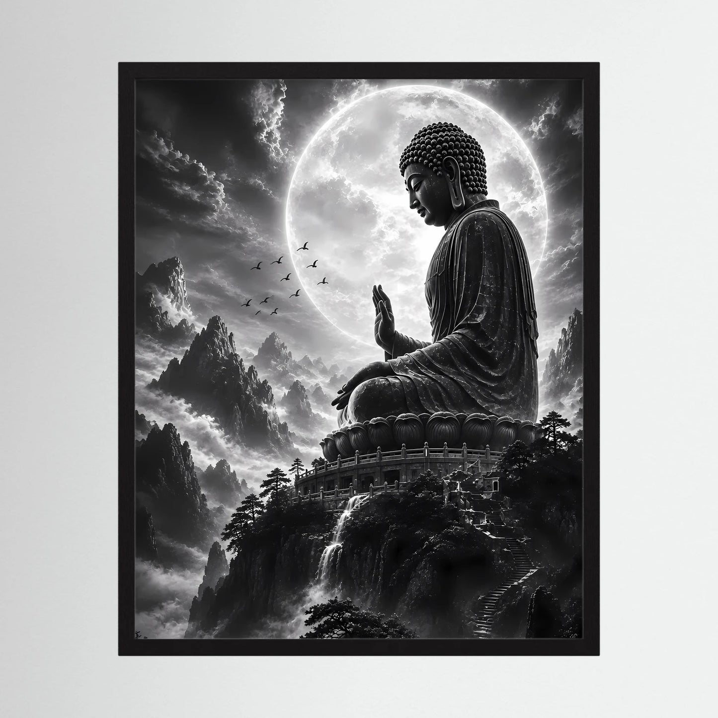 Schwarzweiß-Poster im Hochformat mit schwarzem Rahmen: sitzender Buddha, Vollmond