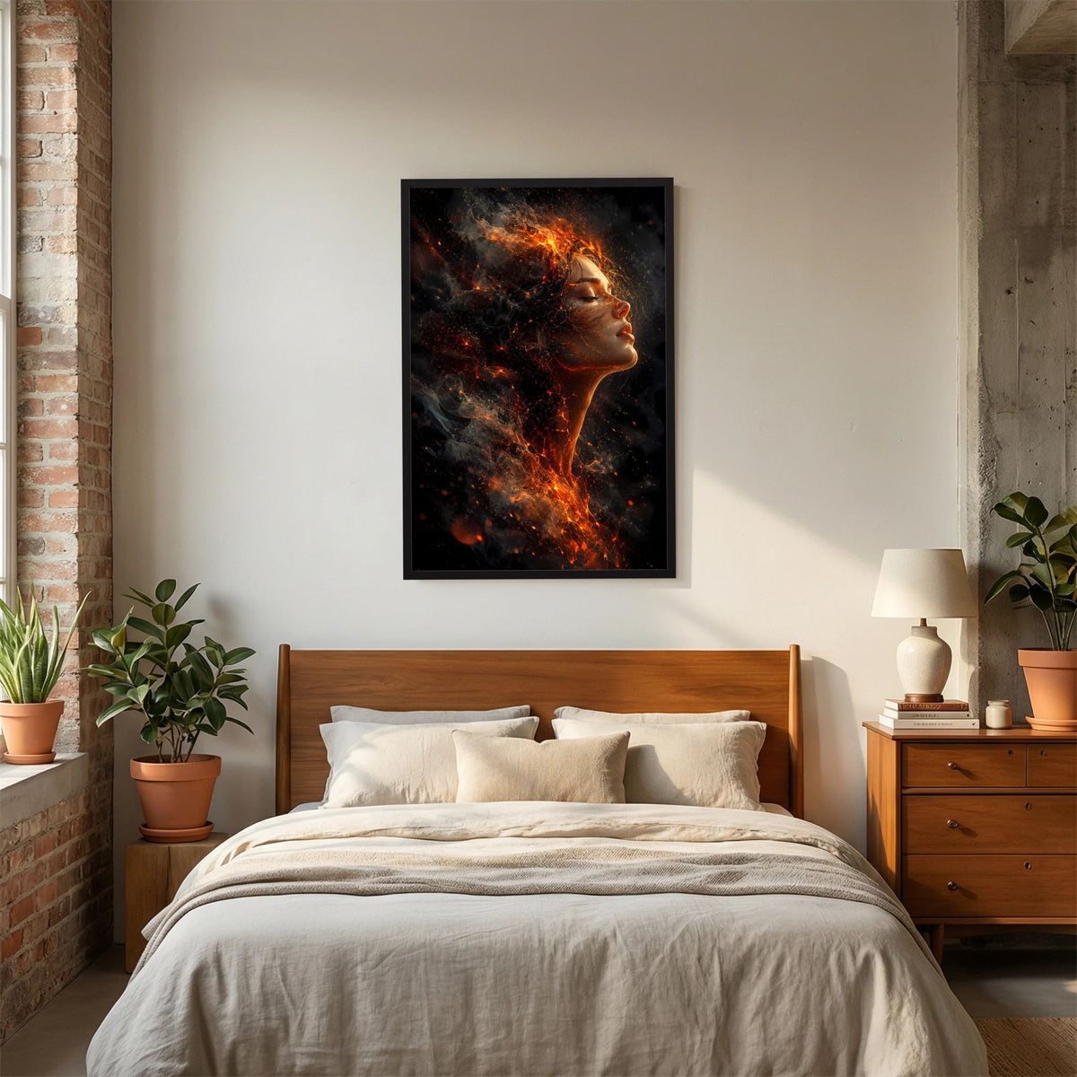 Hochformat-Poster mit mystischem Frauenporträt in Flammen und Glut, schwarzer Rahmen