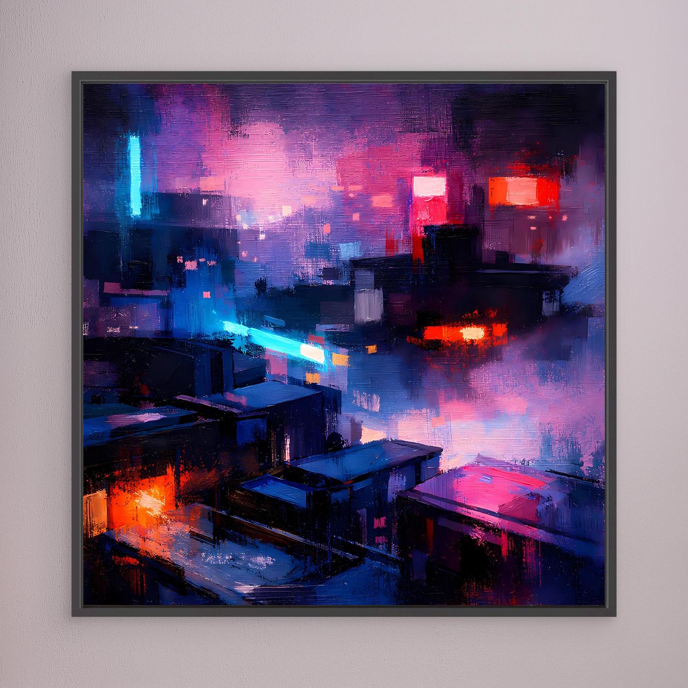 Leinwand Cyberpunk City bei Nacht | Modernes Neon-Dystopie Wandbild auf echter Leinwand