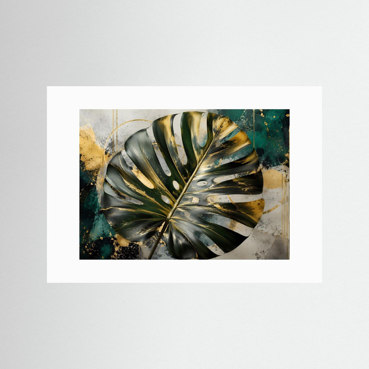Wandbild mit Monstera-Blattmotiv in Gold und Grün, mit weißem Passepartout