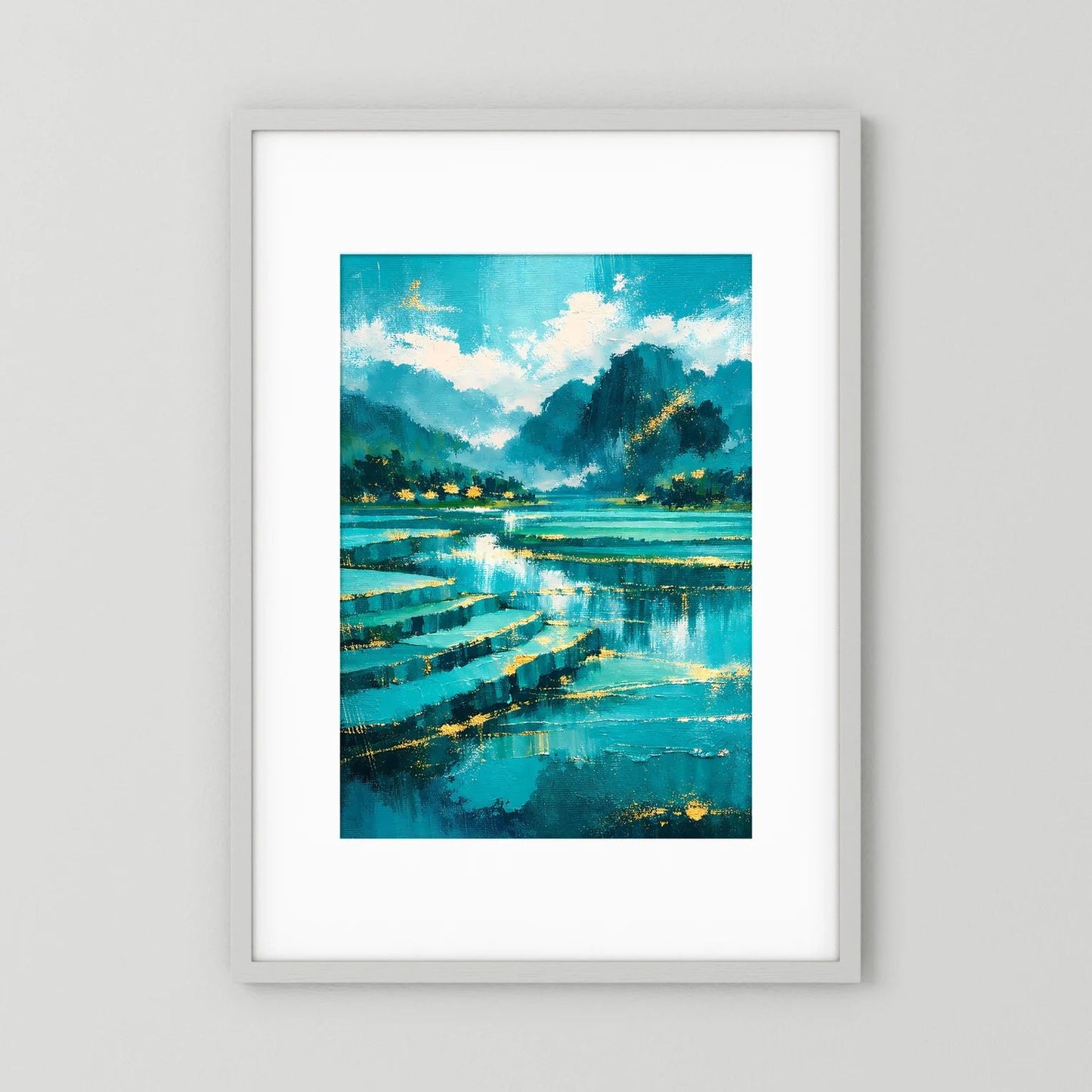 Wandbild Hochformat: türkisblaues Landschaftsmotiv mit Fluss und Bergen, weiß gerahmt