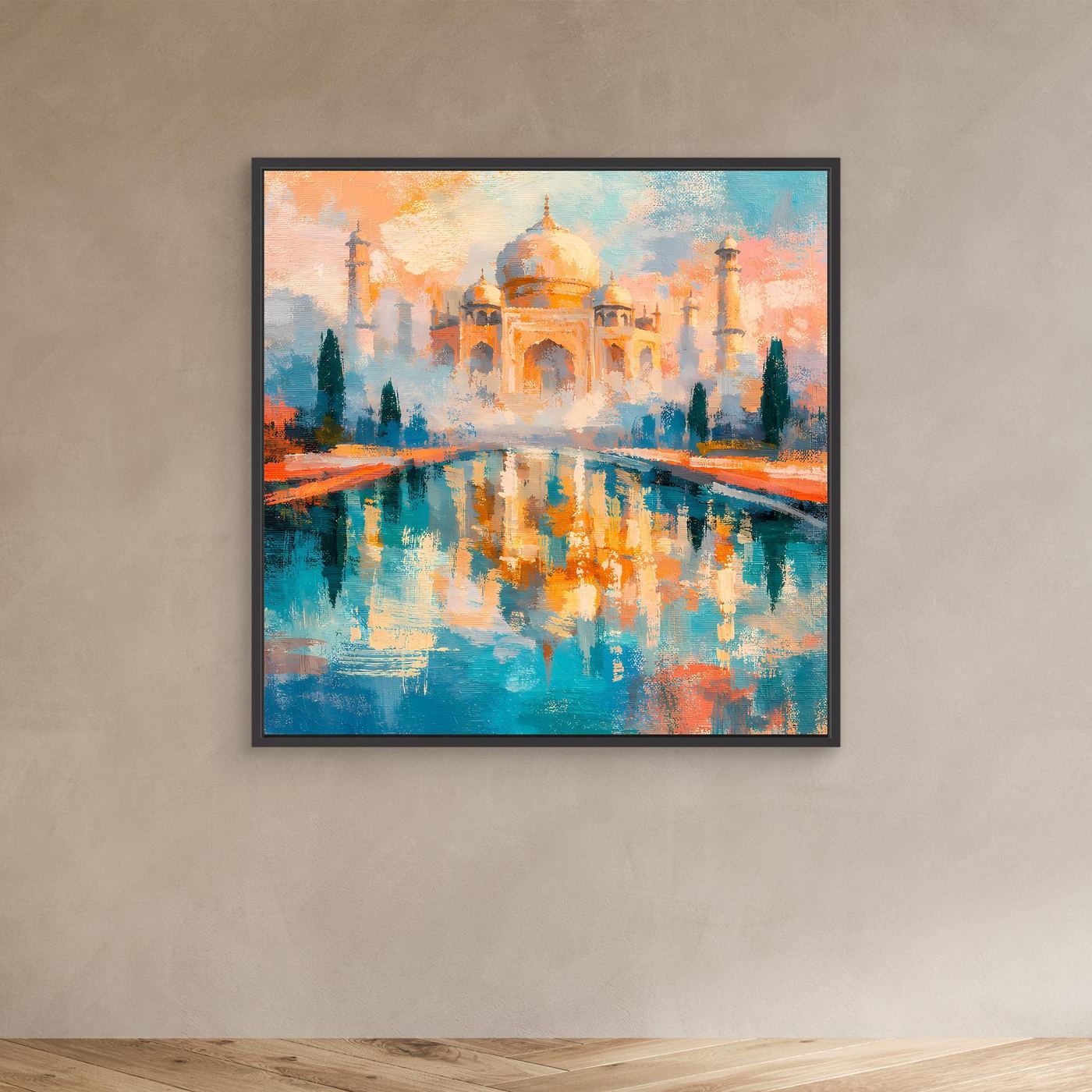 Gerahmtes Leinwandbild (schwarz) mit abstraktem Taj Mahal und Spiegelung in Türkis