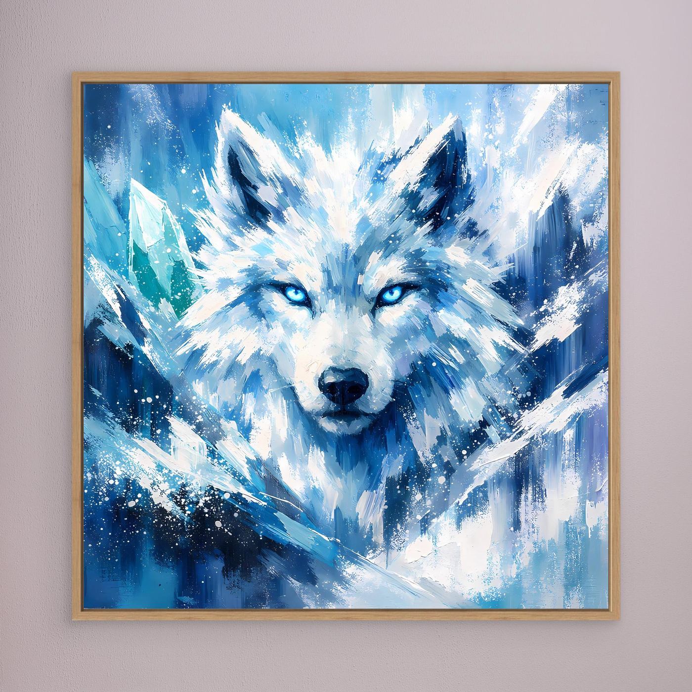Leinwand-Wandbild mit blauem Eiswolf im Blizzard, brauner Holzrahmen