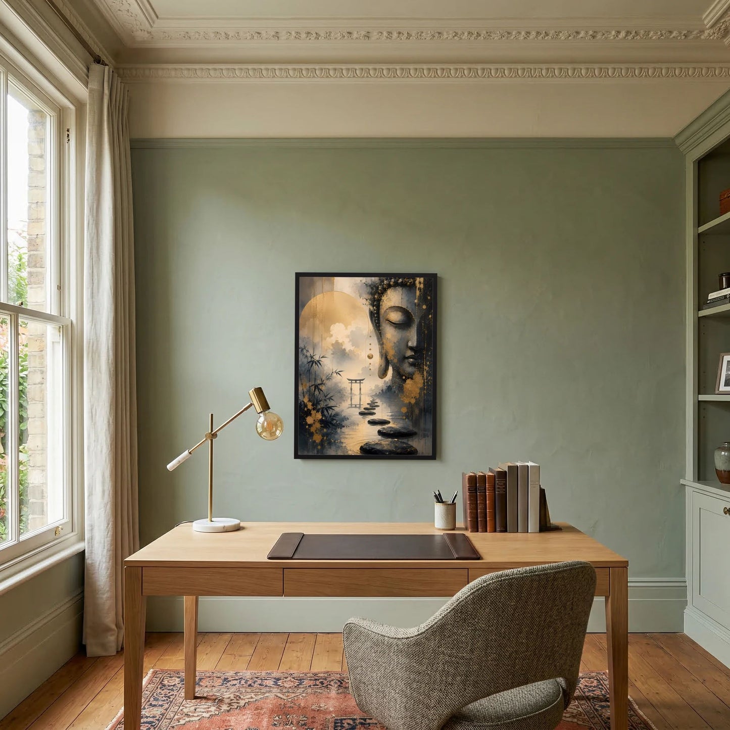 Buddha-Poster im schwarzen Rahmen: Buddha-Profil in Gold und Schwarz, Wasserlinie