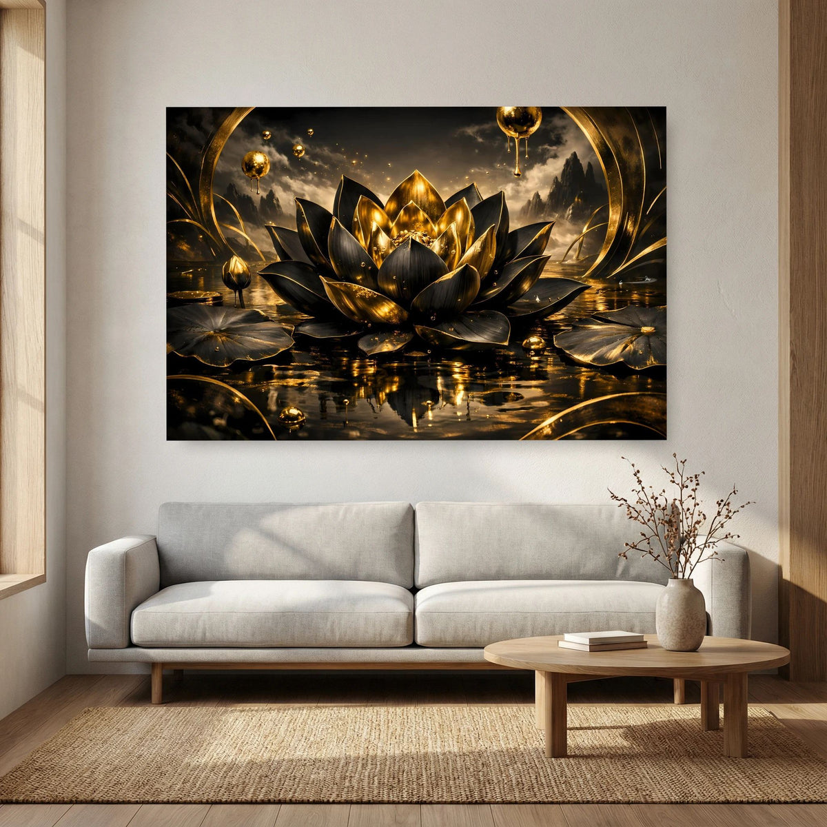 Rechteckiges Wandbild: goldene Lotusblüte auf dunklem Wasser, im Querformat