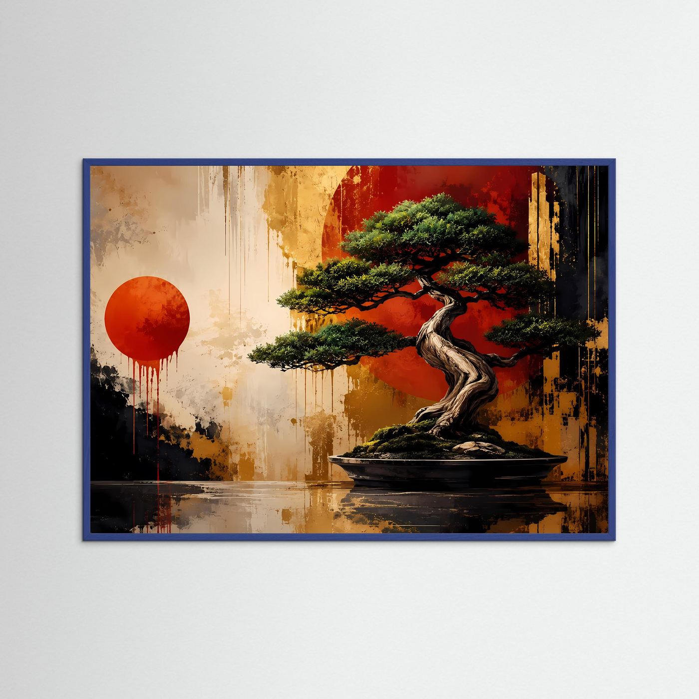 Japanischer Bonsai vor roter Sonne | Modernes Zen & Natur Poster im Querformat