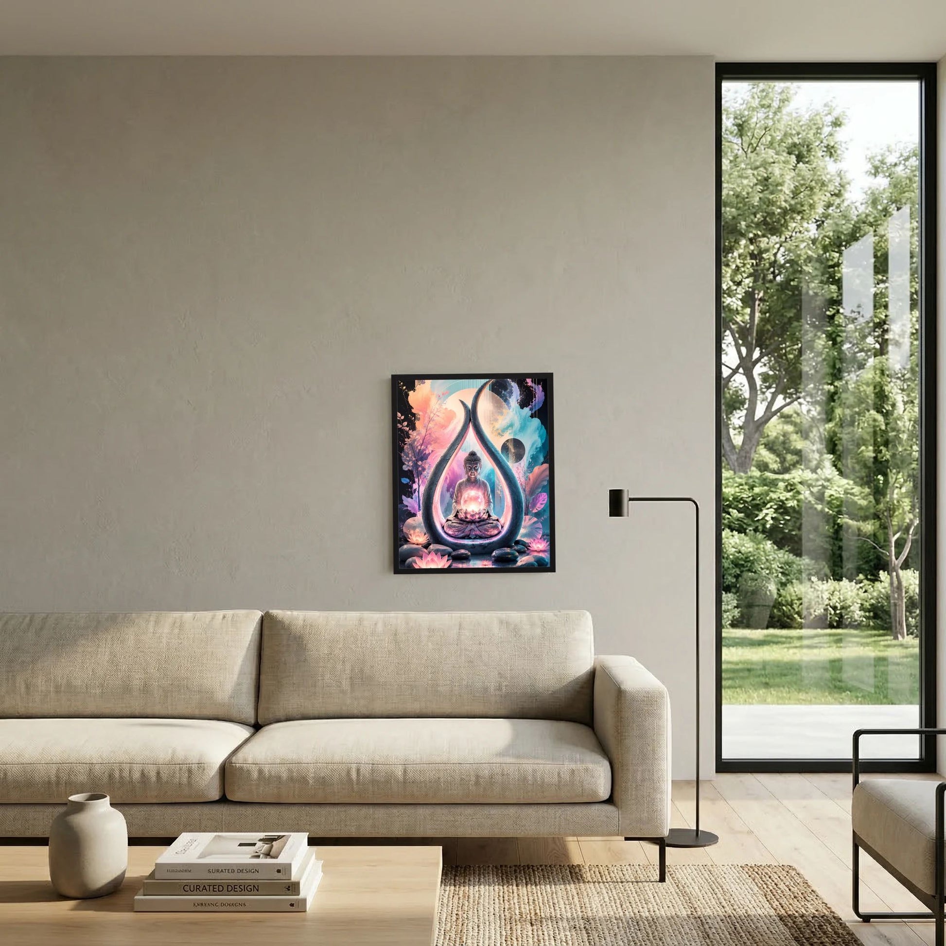 Gerahmtes Poster mit Buddha-Motiv: Meditationssitz, leuchtende Lotusblüten im Tropfendesign