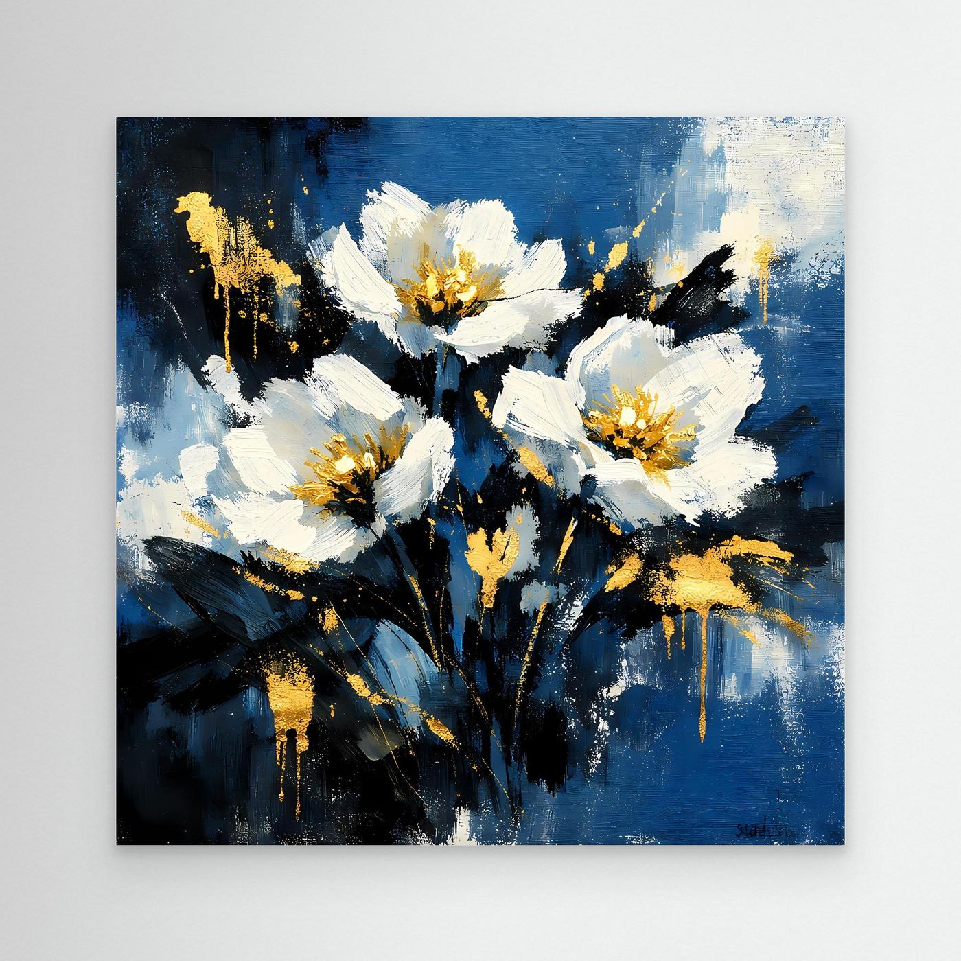 Blumen-Leinwand mit weißen und goldenen Blüten auf blauem Hintergrund, ohne Rahmen sichtbar