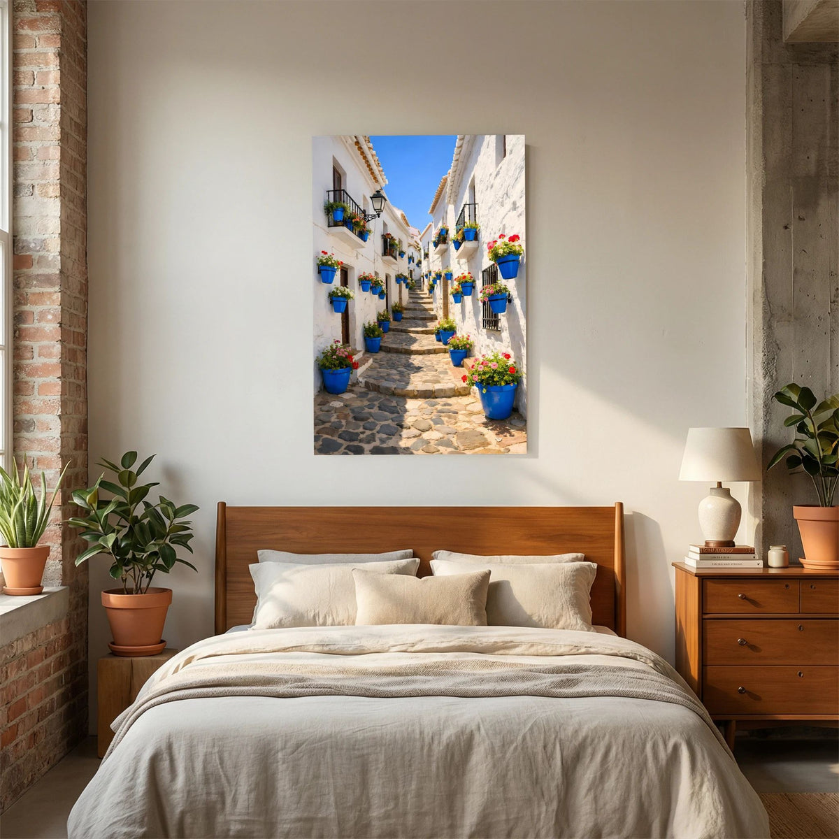Wandbild im Hochformat mit andalusischer Gasse, blauen Blumenkübeln und Blumenarrangements