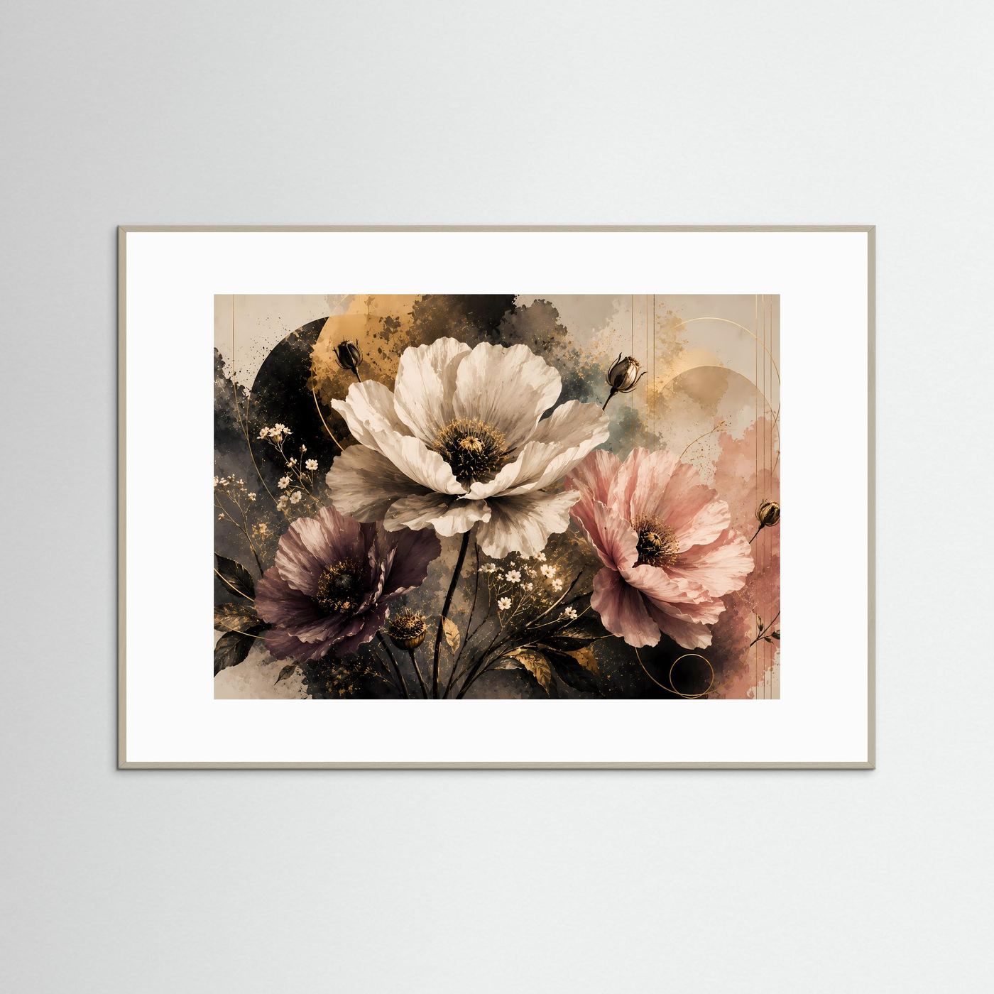 Poster im Querformat mit Mohnblumen in Creme, Rosa und Violett, grauer Rahmen