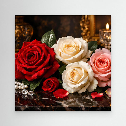 Gerahmtes Leinwandbild mit großen Rosen in Rot, Weiß und Rosa, Blütenblätter und Perlen verziert