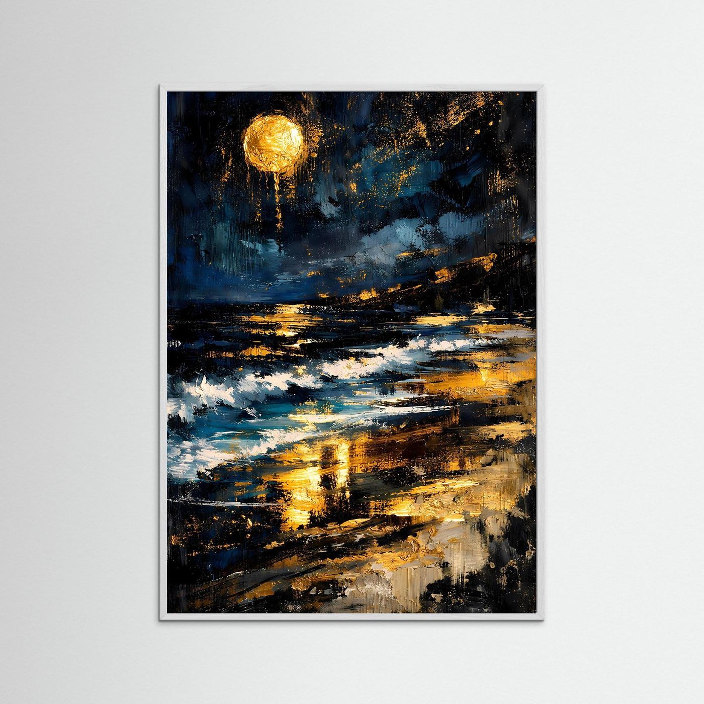 Abstraktes Poster: Meer mit Vollmond, dunkelblau-gold-schwarz, grauer Rahmen